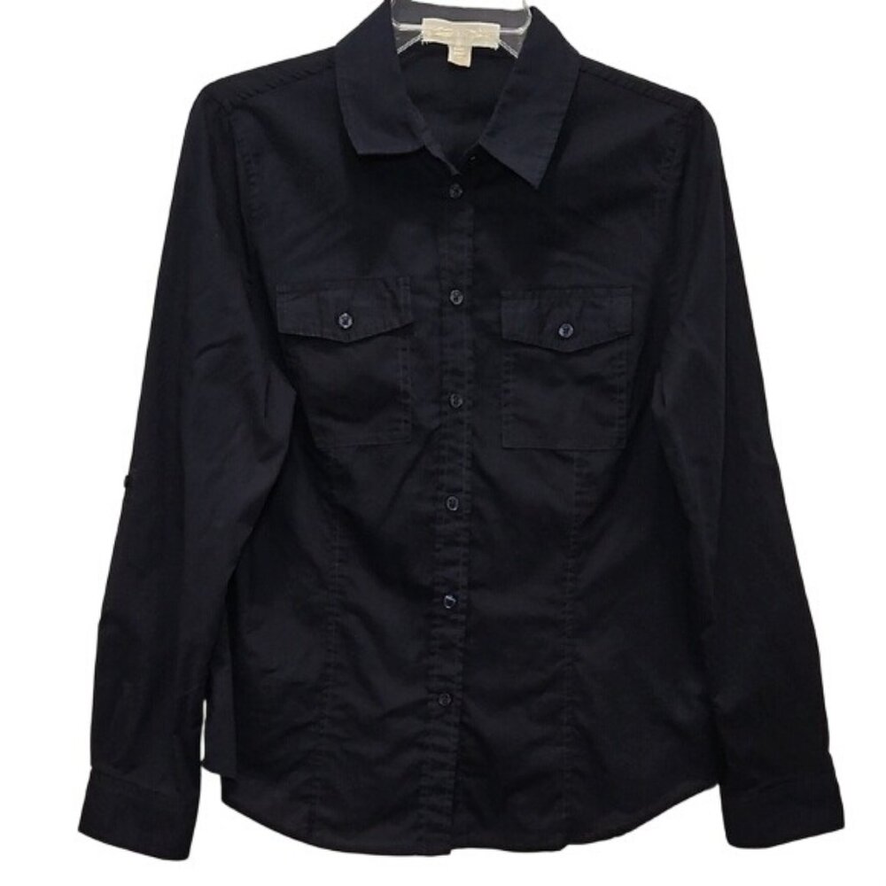 Michael Kors Classic Long Sleeve Button Up Shirt Size Large Black Office Career